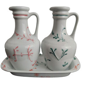 Limoges France Pottery Cruet Set Oil Vinegar Hand Painted Fluers Tray Pink Green